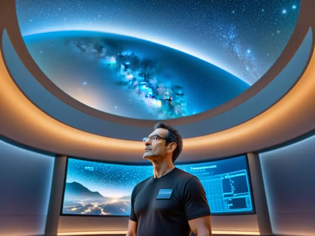 Neil Turok absorto en el universo según Neil Turok, rodeado de mapas cósmicos y ecuaciones, bajo un cielo estrellado y galaxias en movimiento