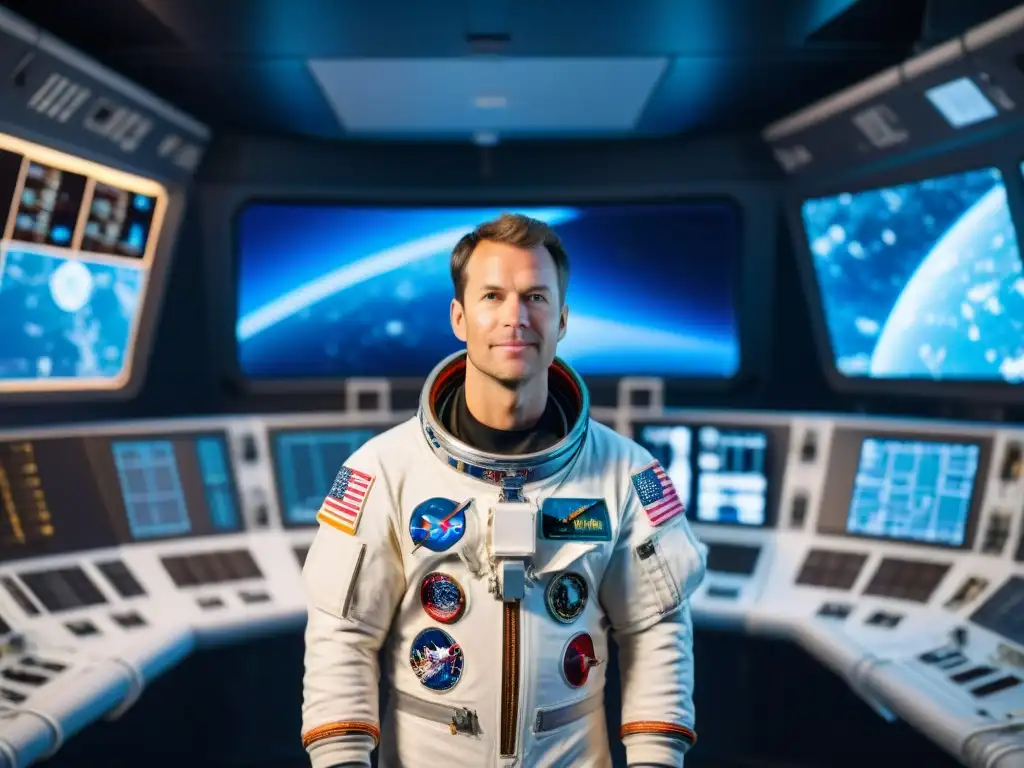 Preparación académica para astronautas aspirantes: Candidato en simulación espacial dentro de nave espacial de alta tecnología