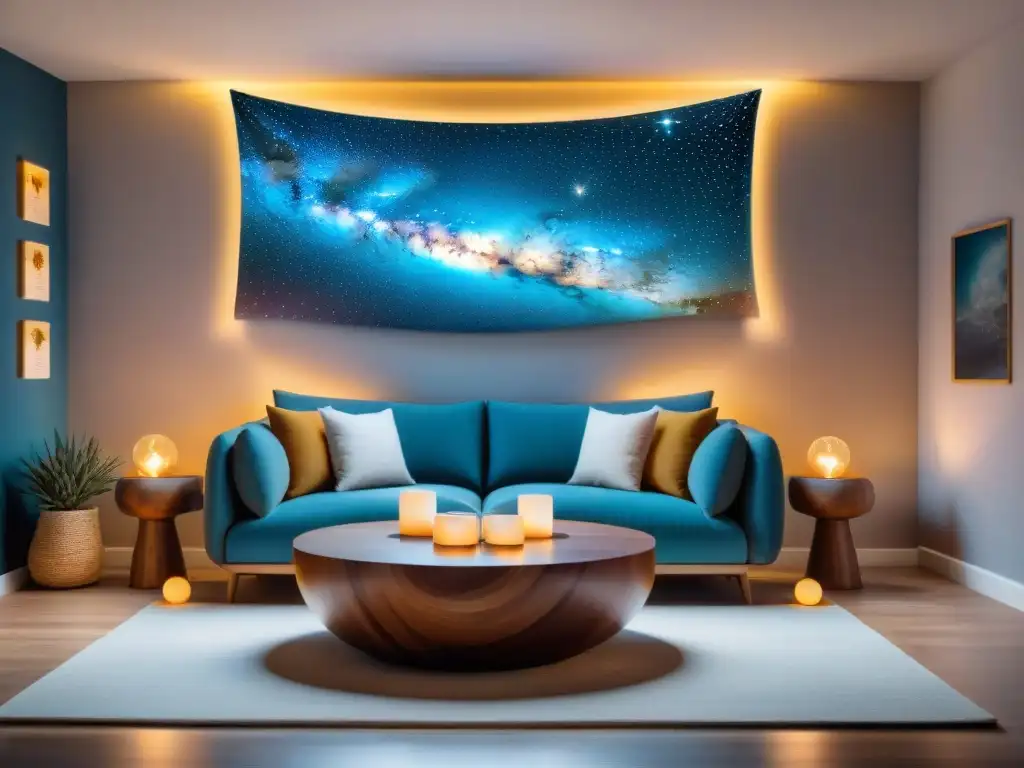 Un acogedor salón celestial con regalos espaciales para amantes, iluminado por luz cálida y detalles astronómicos