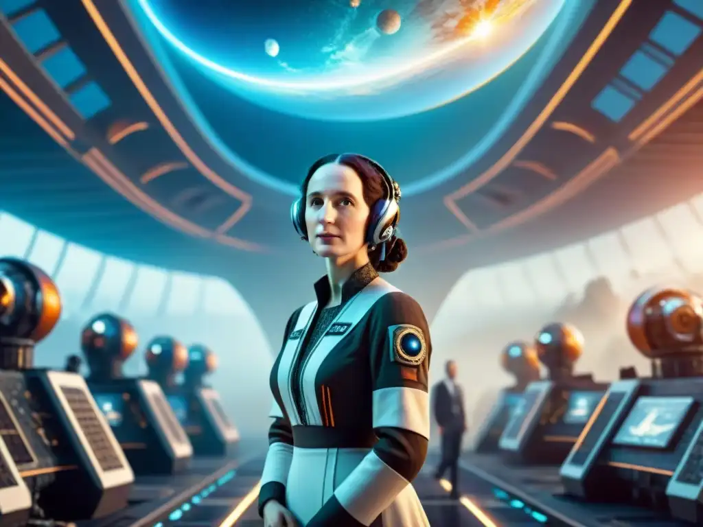 Ada Lovelace en un entorno digital futurista rodeada de naves espaciales y tecnología avanzada, colaborando en proyectos de exploración espacial