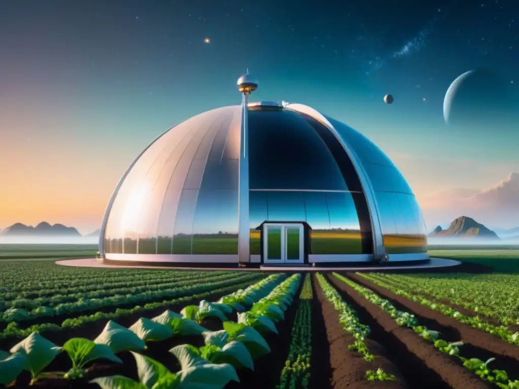 Agricultura espacial para misiones: astronautas cultivan cosechas en domo sobre planeta desde estación espacial futurista