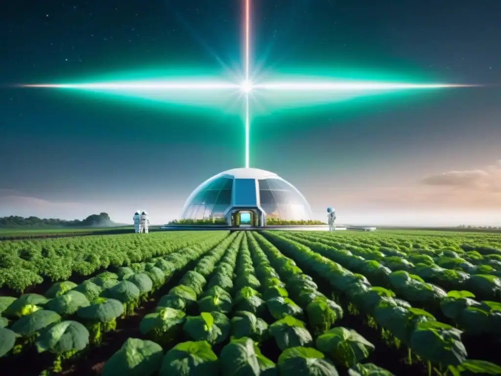 Agricultura espacial para misiones: estación espacial futurista con astronautas cultivando plantas en gravedad cero bajo luces artificiales