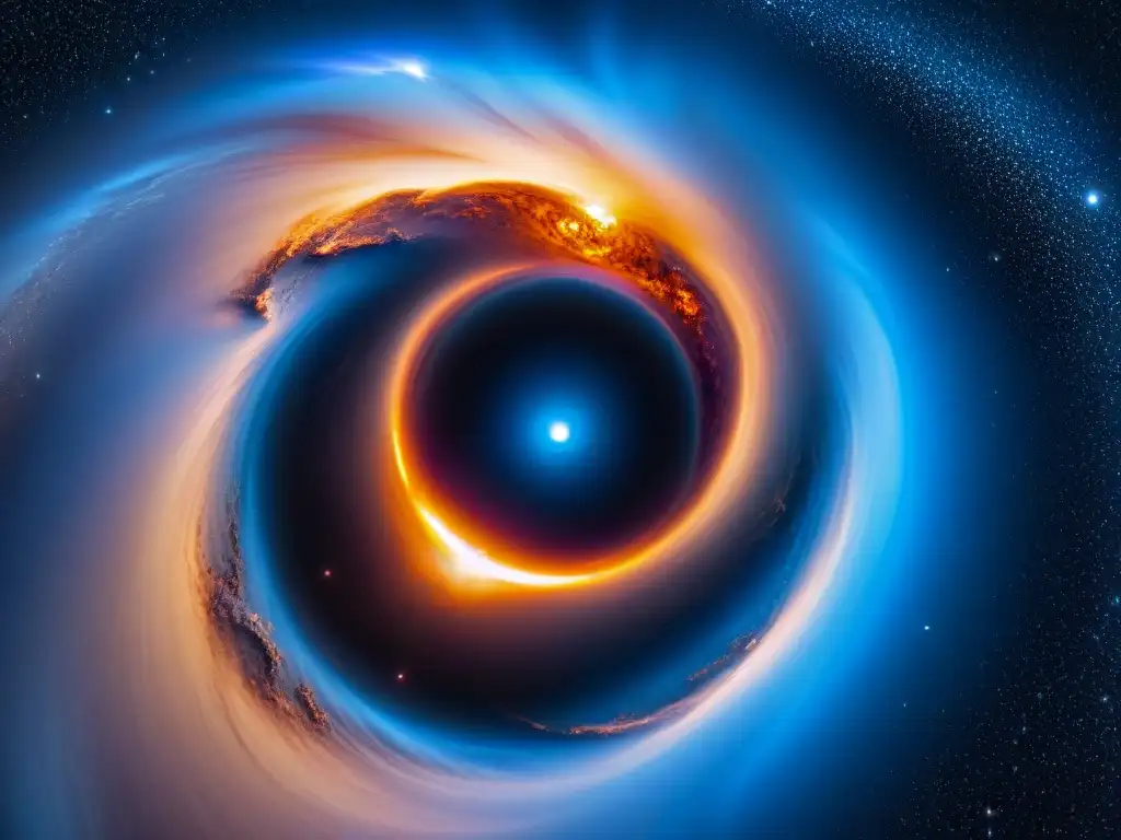 Maravillas del universo: agujero negro gigante en galaxia Un agujero negro en el centro de una galaxia, rodeado de gases y estrellas brillantes, mostrando posibles usos energéticos