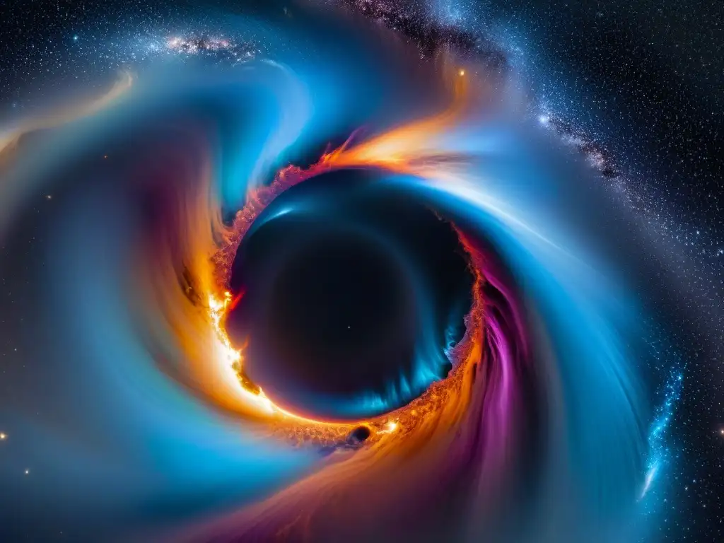 Un agujero negro evapora en el espacio, emitiendo radiación Hawking y colores vibrantes