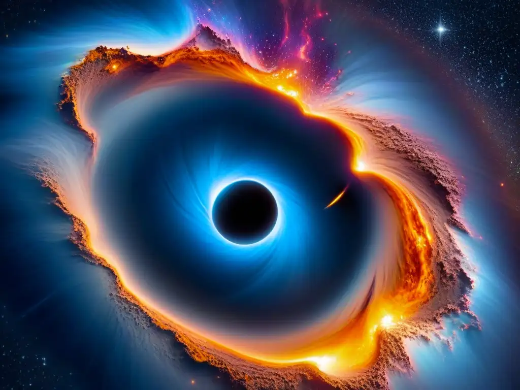 Misterioso agujero negro en galaxia vibrante Un agujero negro masivo en el centro de una galaxia vibrante, rodeado de estrellas brillantes y polvo cósmico