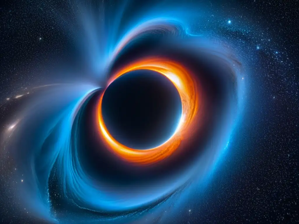 Misterioso agujero negro rodeado de estrellas brillantes Un agujero negro masivo en el centro de una galaxia, rodeado de estrellas brillantes y polvo cósmico