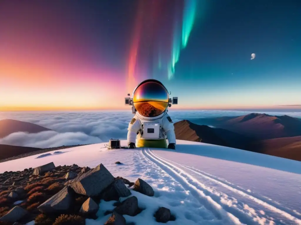 Un amanecer de colores en estación de monitoreo del clima espacial con científicos y tecnología futurista