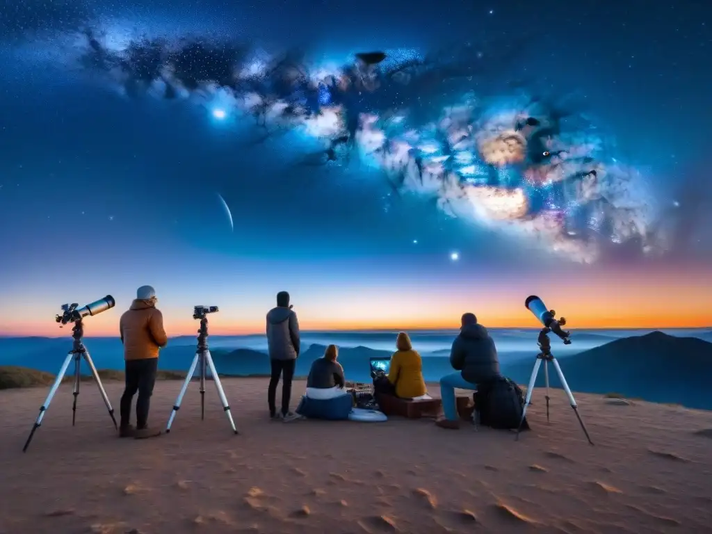 Amantes de la astronomía preparando sus telescopios bajo un cielo estrellado, listos para explorar el espacio profundo técnicas