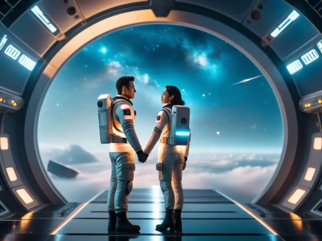 Amor interestelar en la distancia: pareja separada por una estación espacial futurista, anhelando tocarse en medio del cosmos estrellado