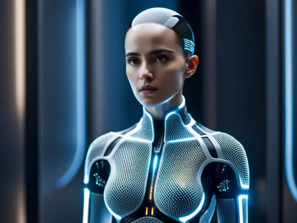 Un androide futurista similar a Ava de la película 'Ex Machina', en una sala llena de tecnología avanzada