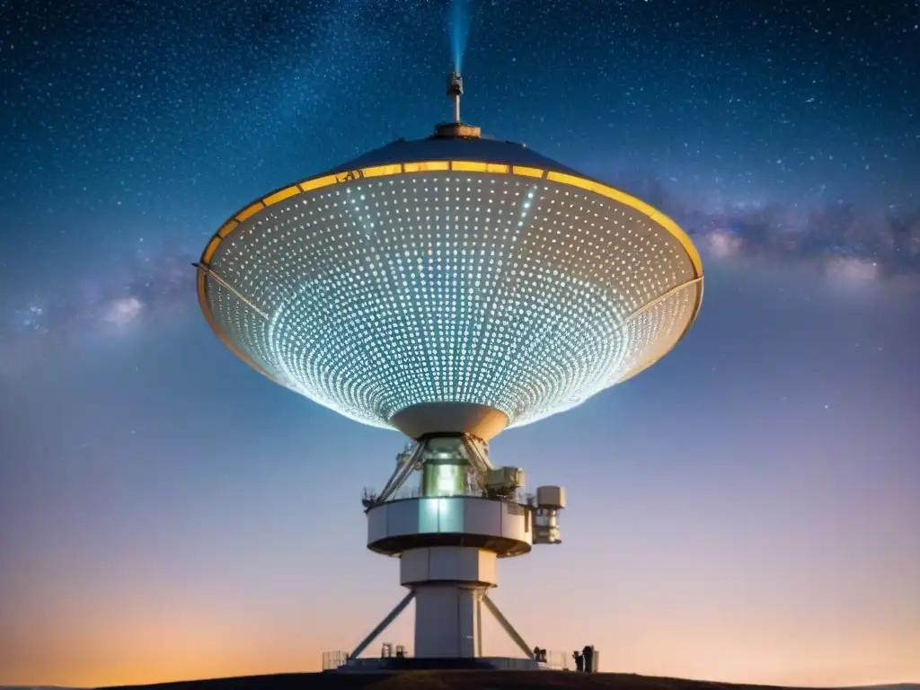 Una antena satelital en la noche estrellada, reflejando galaxias lejanas y comunicaciones espaciales