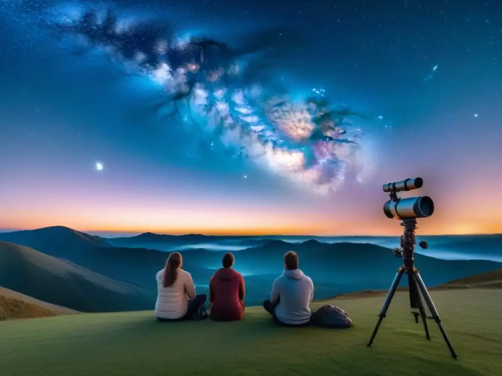 Apasionados astrónomos aficionados observando la Vía Láctea en la noche, reflejando proyectos de ciencia ciudadana telescopio