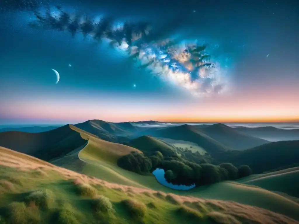 Espectacular noche estrellada: observando la Vía Láctea Aplicaciones móviles observación astronómica: Noche estrellada, luna brillante, colinas silueteadas y un telescopio apuntando al cielo