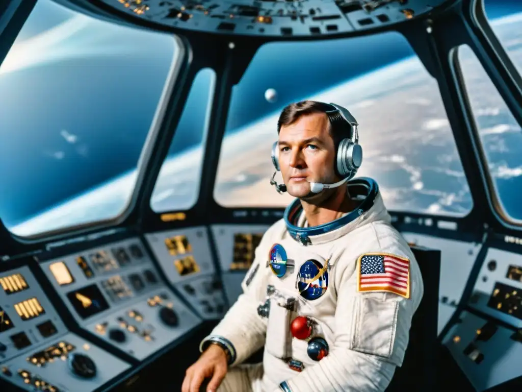 Michael Collins astronauta Apolo 11 enfocado y determinado, navegando la nave espacial en el espacio