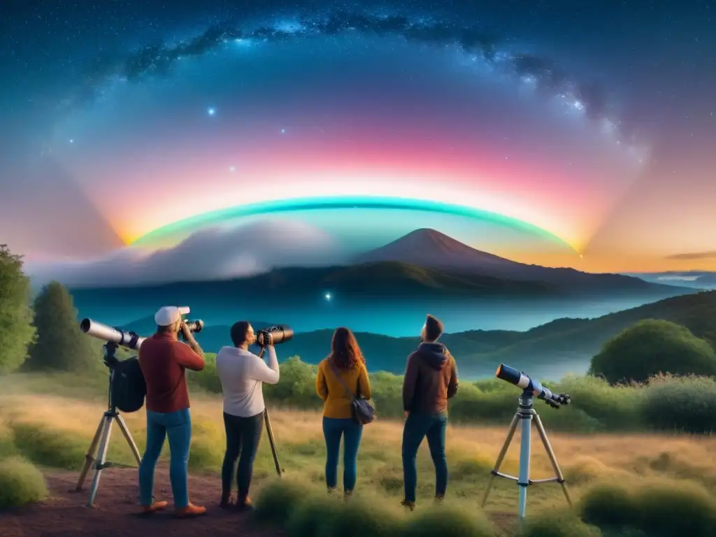 Aportes aficionados ciencia espacial: Grupo de astrónomos amateurs observando el cielo estrellado desde su jardín