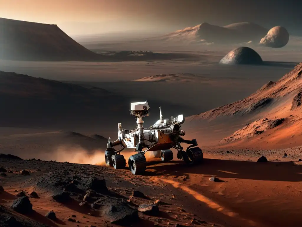 Exploración en Marte: Detalles del Curiosity rover en terreno marciano La misión del rover Curiosity explorando el árido paisaje marciano con el Monte Sharp al fondo