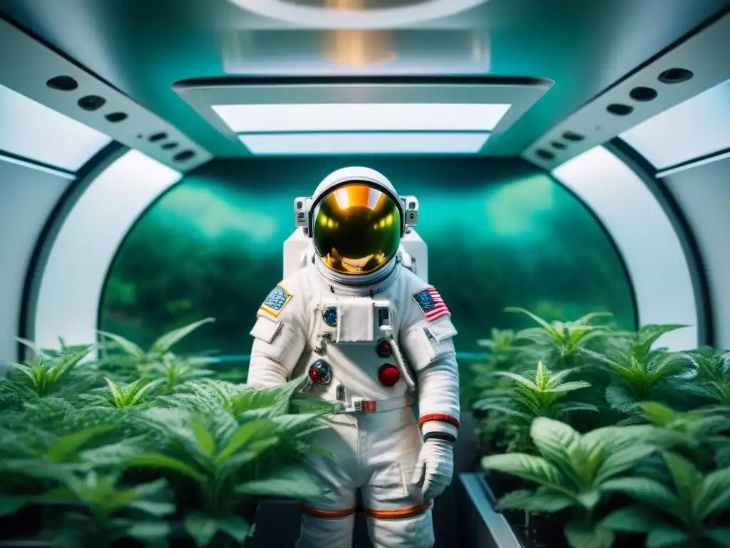 Exploración espacial: astronauta cuidando plantas en nave futurista Explorando la armonía entre humanos y naturaleza en el espacio: astronauta cuidando plantas en módulo espacial
