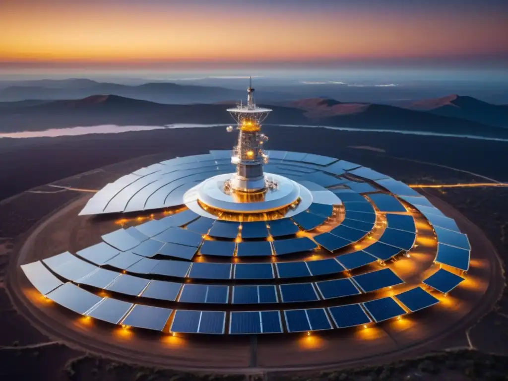 Un array satelital captando energía solar en el vacío espacial, reflejando luz y sombras