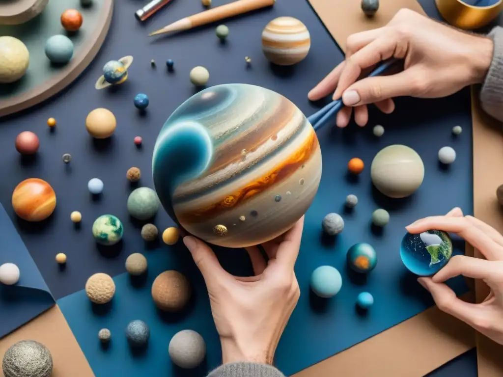 Un artesano moldea con detalle planetas en miniatura con materiales reciclados