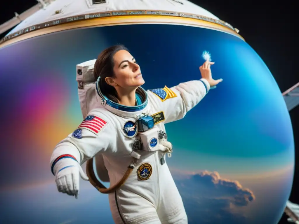 La artista del espacio Nicole Stott pinta en gravedad cero, rodeada de colores vibrantes y pinceles flotantes