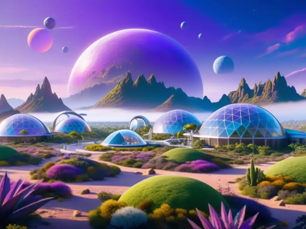 Una asombrosa vista de un asentamiento futurista en un planeta lejano, con viviendas para vida extraterrestre en biodomos interconectados y exuberante vegetación alienígena