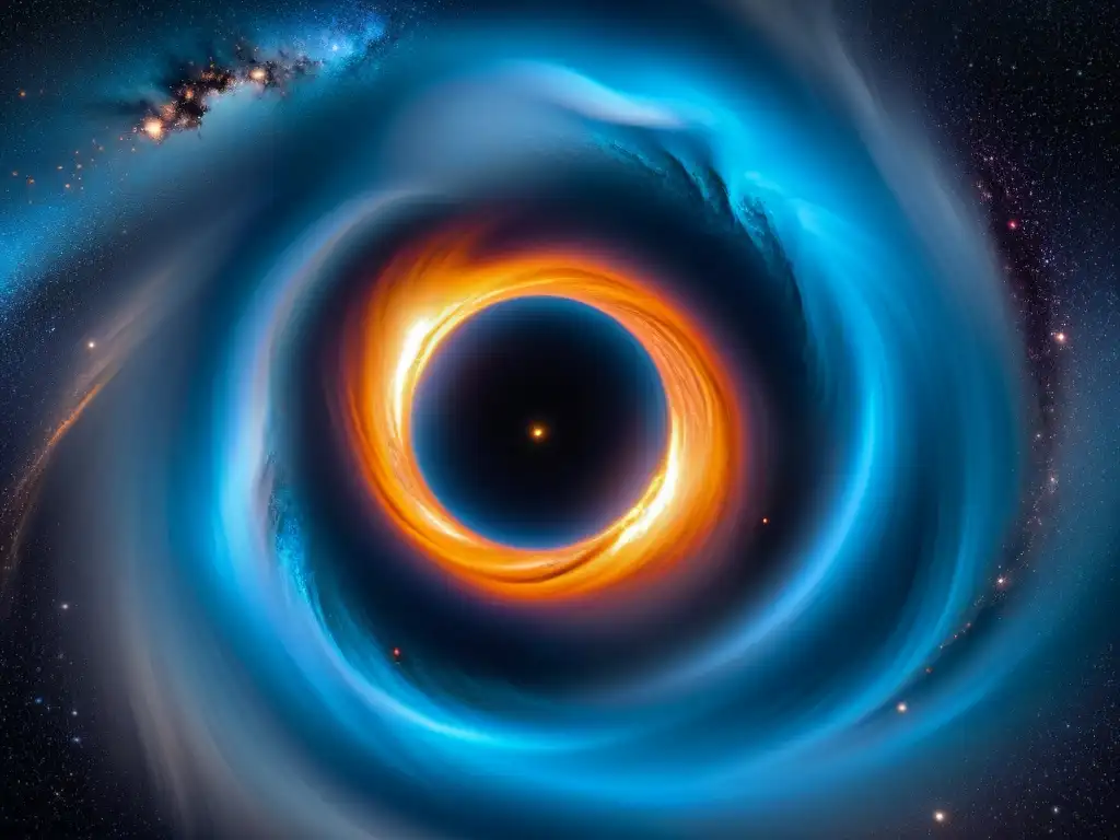 Galaxia distante: agujero negro masivo con energía cósmica Asombroso agujero negro en el centro de una galaxia, con gas y polvo girando, emitiendo energía al cosmos