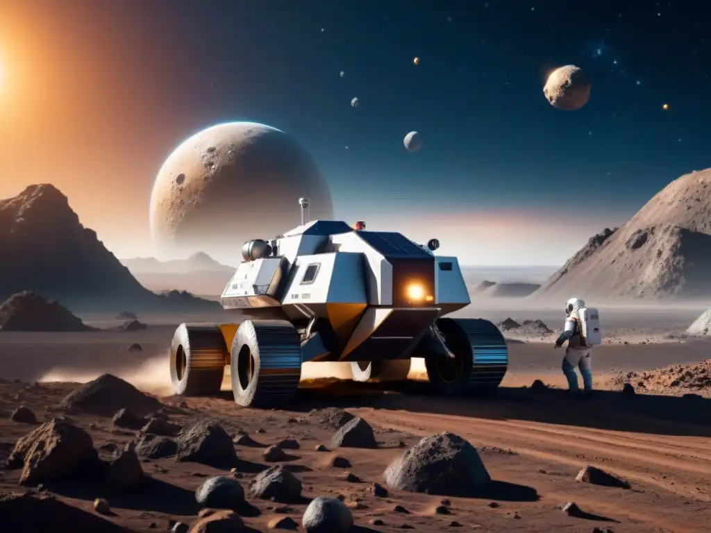 Un asombroso escenario de minería espacial futurista en un asteroide, con maquinaria robótica avanzada extrayendo metales raros