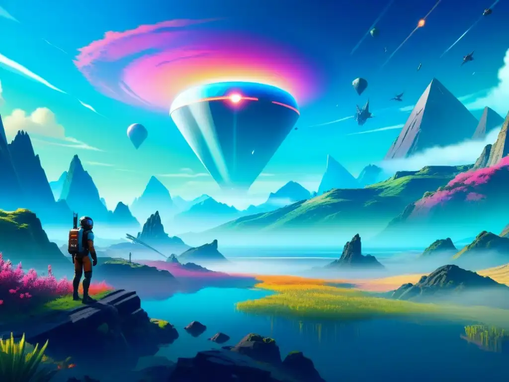 Un asombroso paisaje alienígena al atardecer en No Man's Sky, con imponente asentamiento futurista