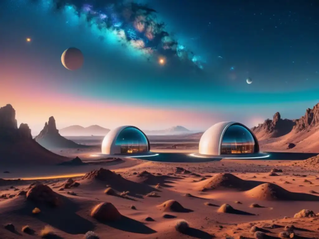 Un asombroso paisaje de una colonia espacial futurista en una luna asteroidal, con domos interconectados y figuras en trajes espaciales