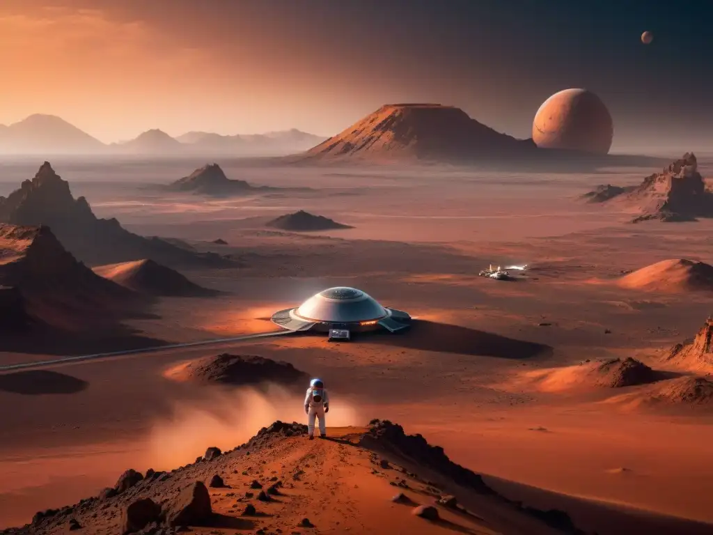 Un asombroso puerto espacial futurista en Marte, con naves espaciales alineadas para el turismo interplanetario y la Tierra en el cielo