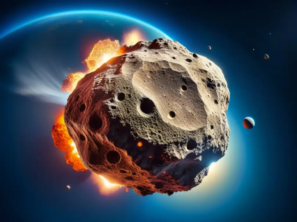 Un asteroide masivo en curso de colisión con la Tierra, mostrando su superficie rocosa y cráteres
