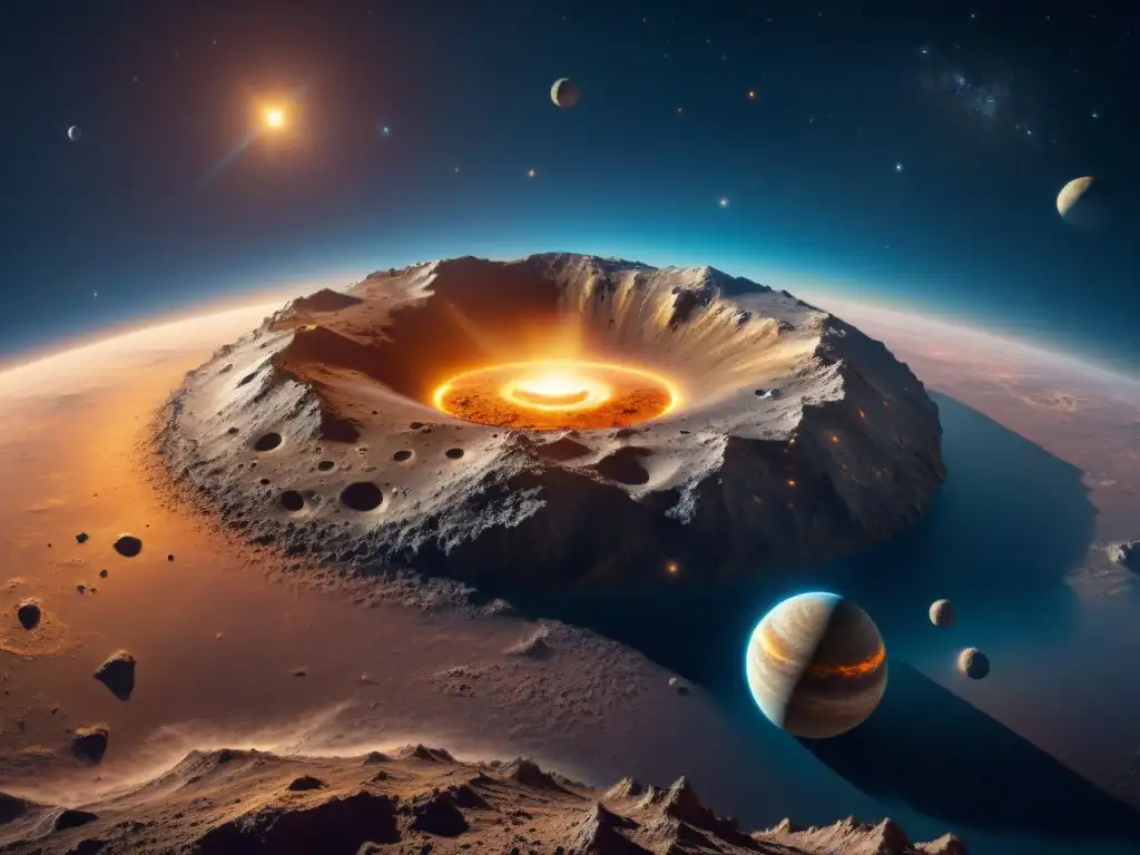 Un asteroide masivo se desplaza por el espacio, iluminado por una estrella