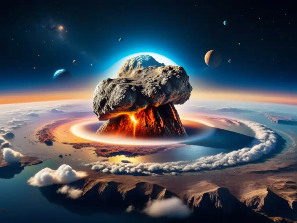 Un asteroide masivo se acerca a la Tierra con detalle y dramatismo, reflejando su inminente impacto y la historia cósmica