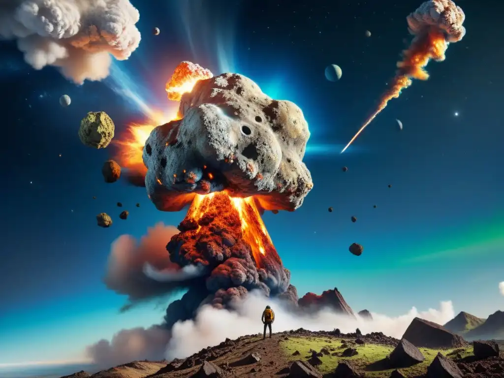 Un asteroide masivo se acerca a la Tierra, rodeado de una cola de escombros en llamas, listo para impactar