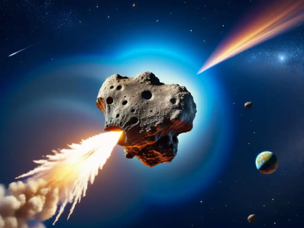 Un asteroide masivo se acerca a la Tierra con texturas detalladas, trayectoria peligrosa y un cielo estrellado dramático