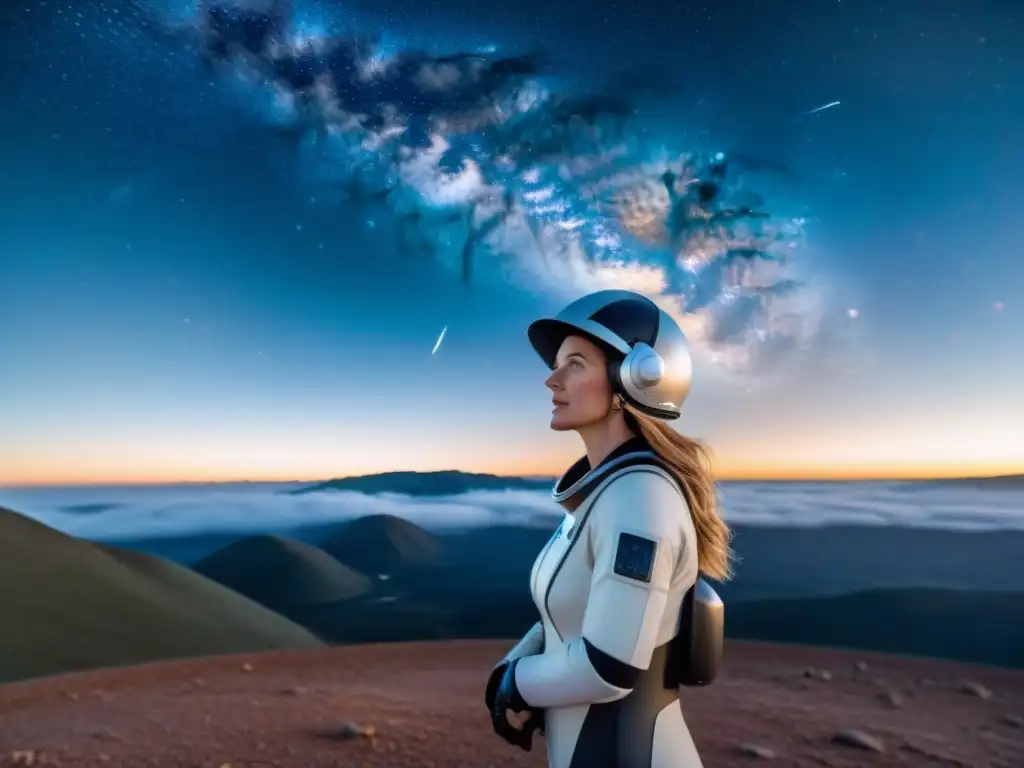 Katherine Freese, astrofísica, frente a telescopio en observatorio de alta altitud, con vista nocturna estrellada