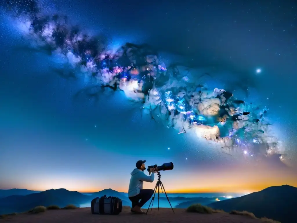 Un astrofotógrafo profesional ajusta su equipo bajo un cielo estrellado, capturando la belleza del universo