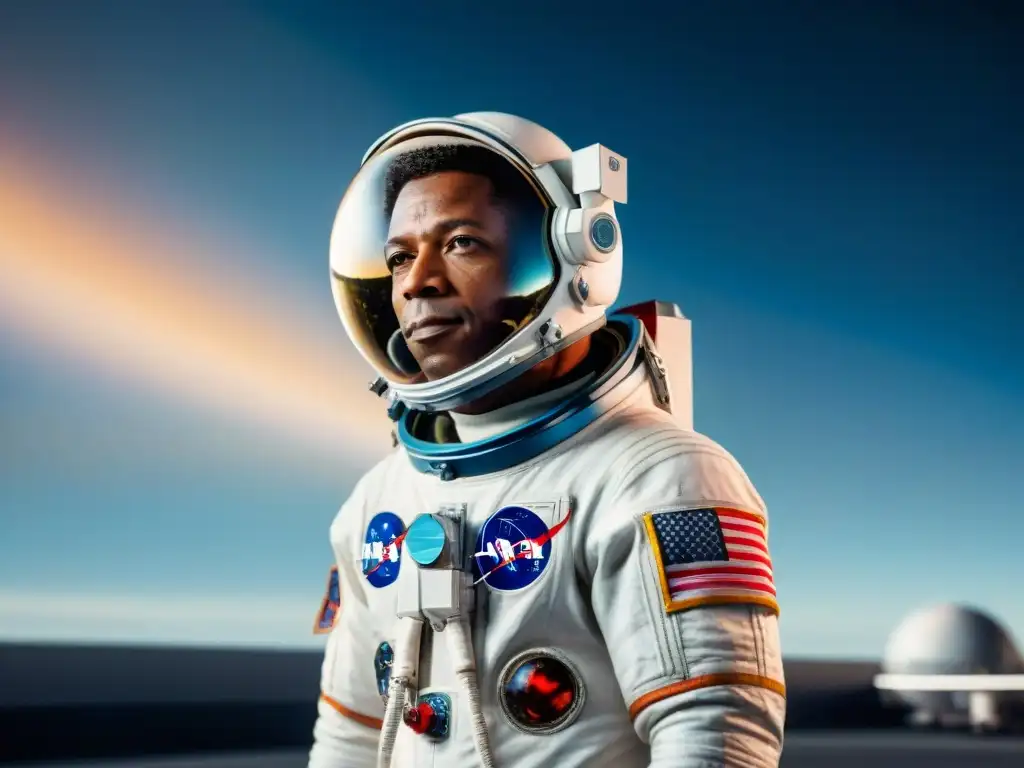 Astronauta afroamericano Guion Bluford en traje espacial frente a nave espacial, con la Tierra de fondo, reflejada en su casco