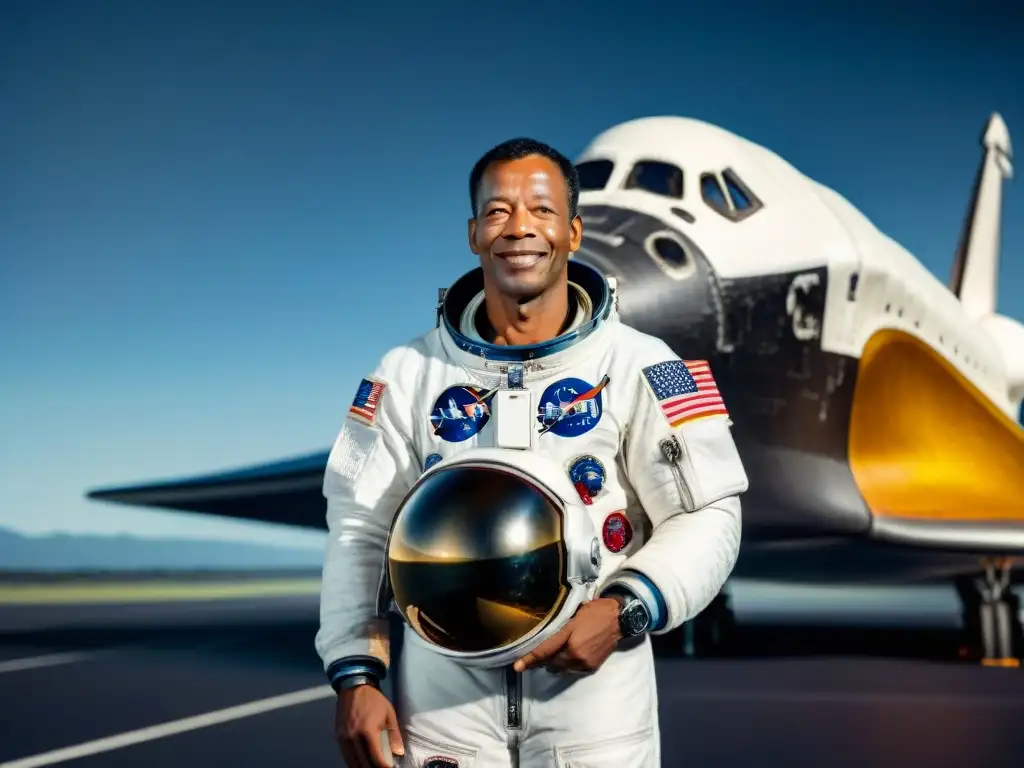 Astronauta afroamericano Guion Bluford en traje espacial, frente al transbordador y la Tierra