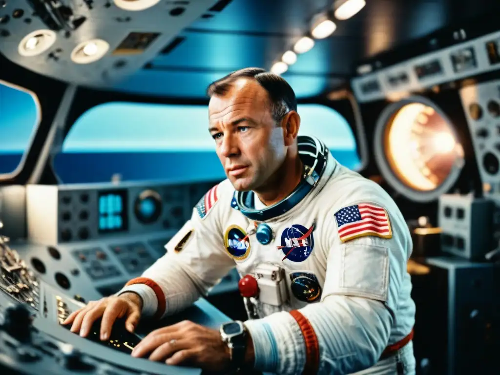 Astronauta Jack Swigert héroe Apolo 13 resuelve crisis en nave espacial, rodeado de equipo flotante, con expresión de determinación