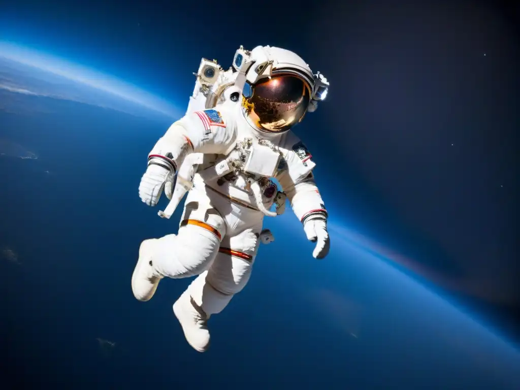 Un astronauta realizando una caminata espacial en la Estación Espacial Internacional, con la Tierra de fondo y la inmensidad del espacio