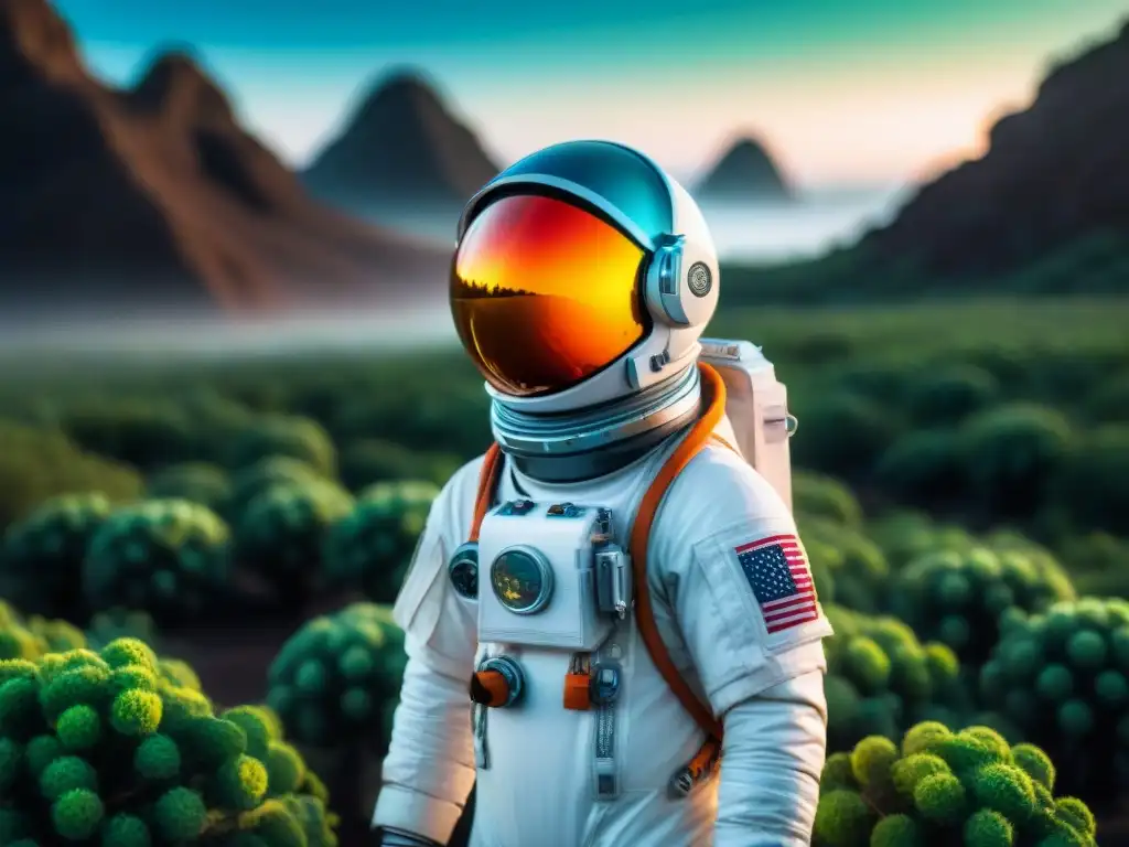 Un astronauta con un casco espacial futurista se destaca en un planeta lejano, rodeado de plantas alienígenas bioluminiscentes