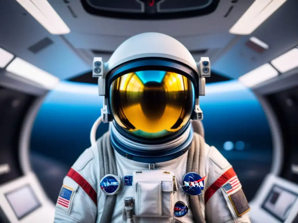 Un astronauta con casco espacial futurista en una estación espacial