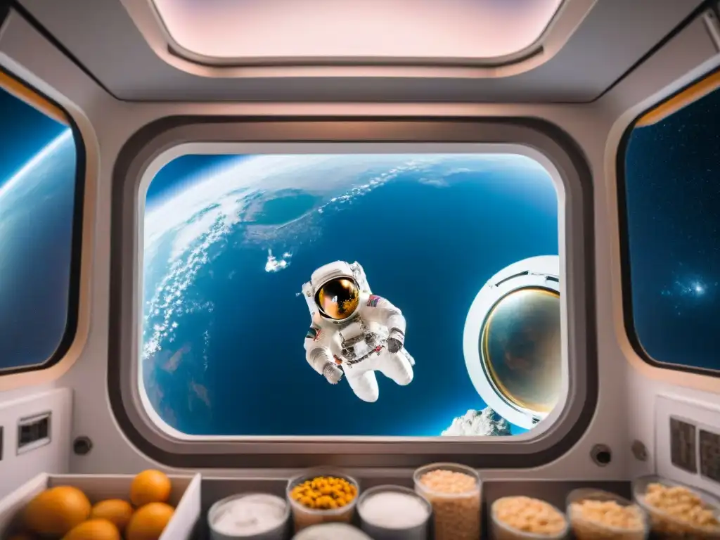 Astronauta flotando en cocina espacial, preparando comida con ingredientes espaciales y vista de la Tierra