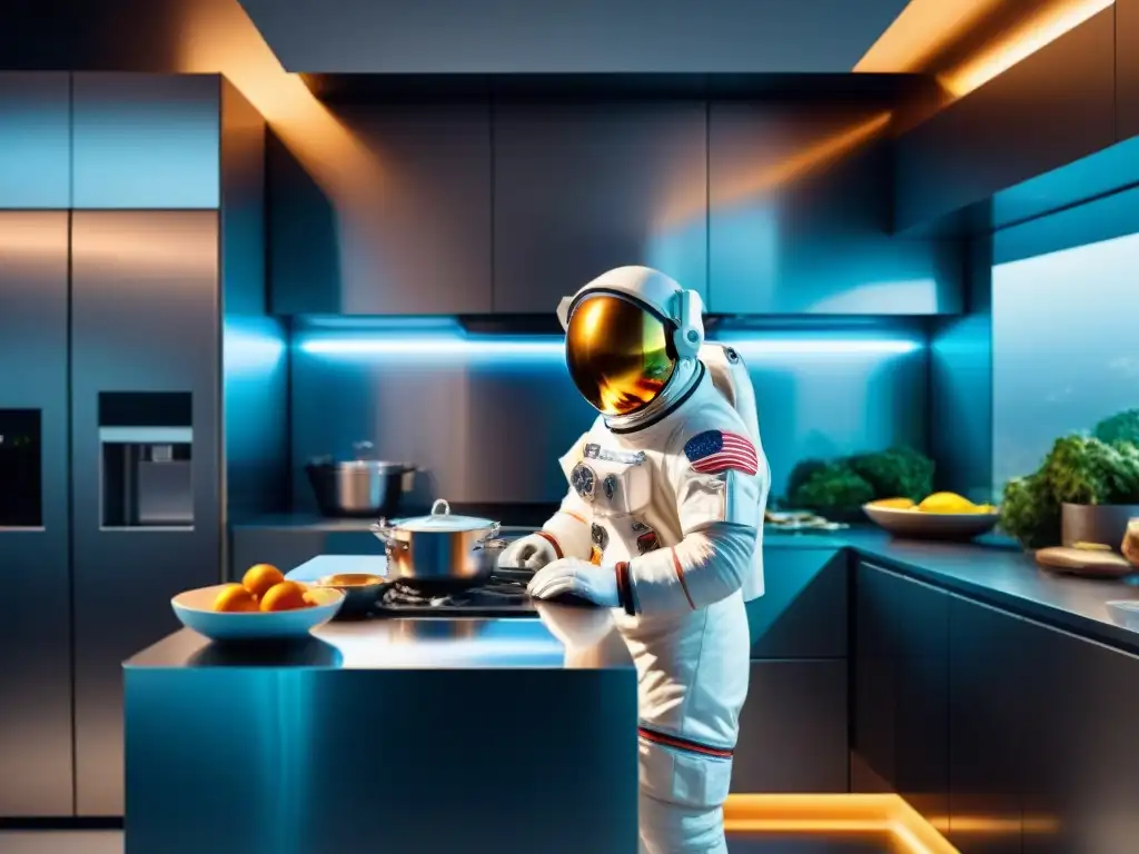 Un astronauta flota en una cocina espacial en microgravedad, rodeado de ingredientes y utensilios, en una escena surrealista y cautivadora