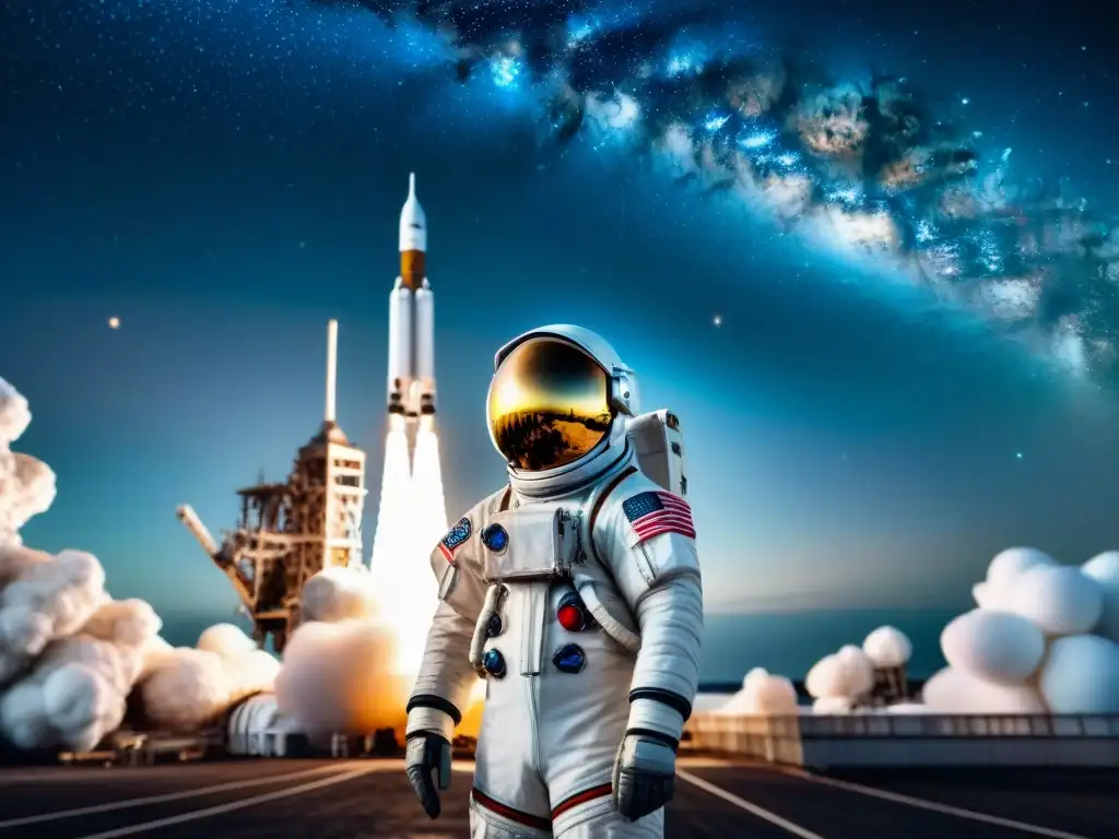 Un astronauta admirando un cohete espacial futurista, listo para despegar