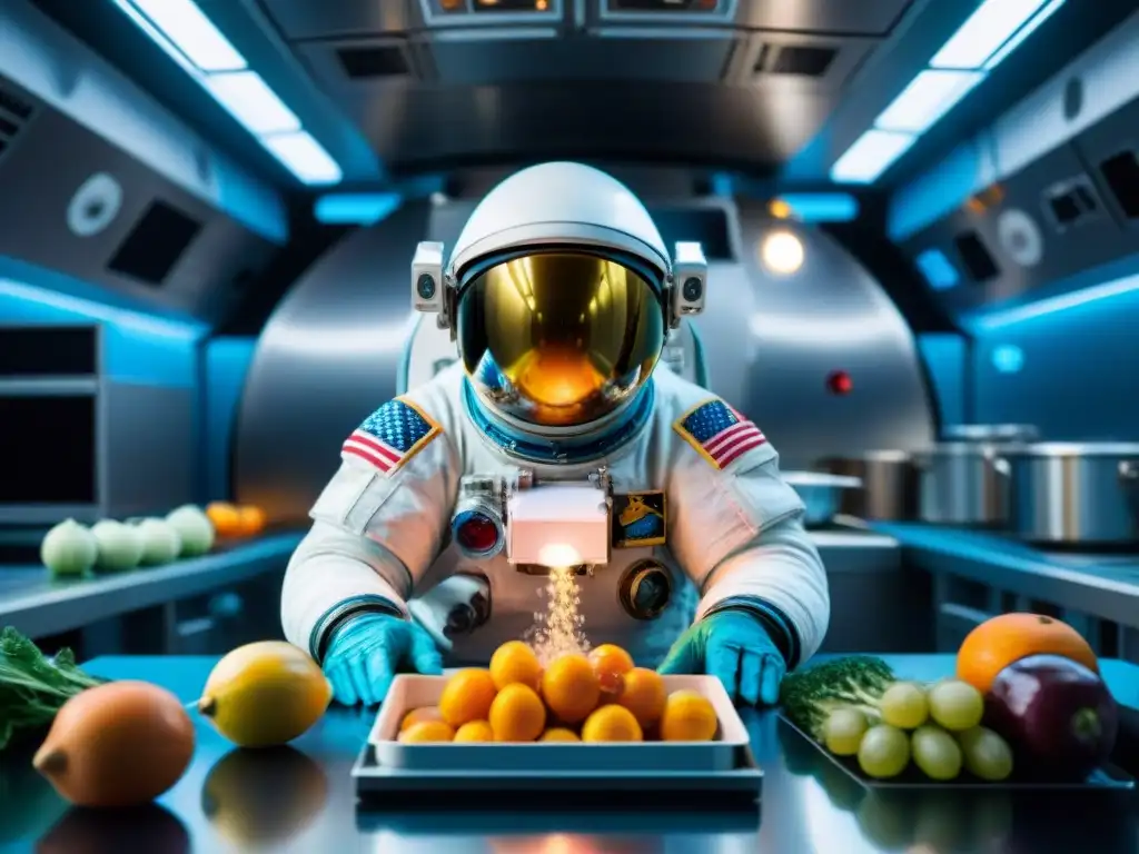 Un astronauta preparando comida en una cocina espacial en microgravedad, rodeado de ingredientes flotantes coloridos