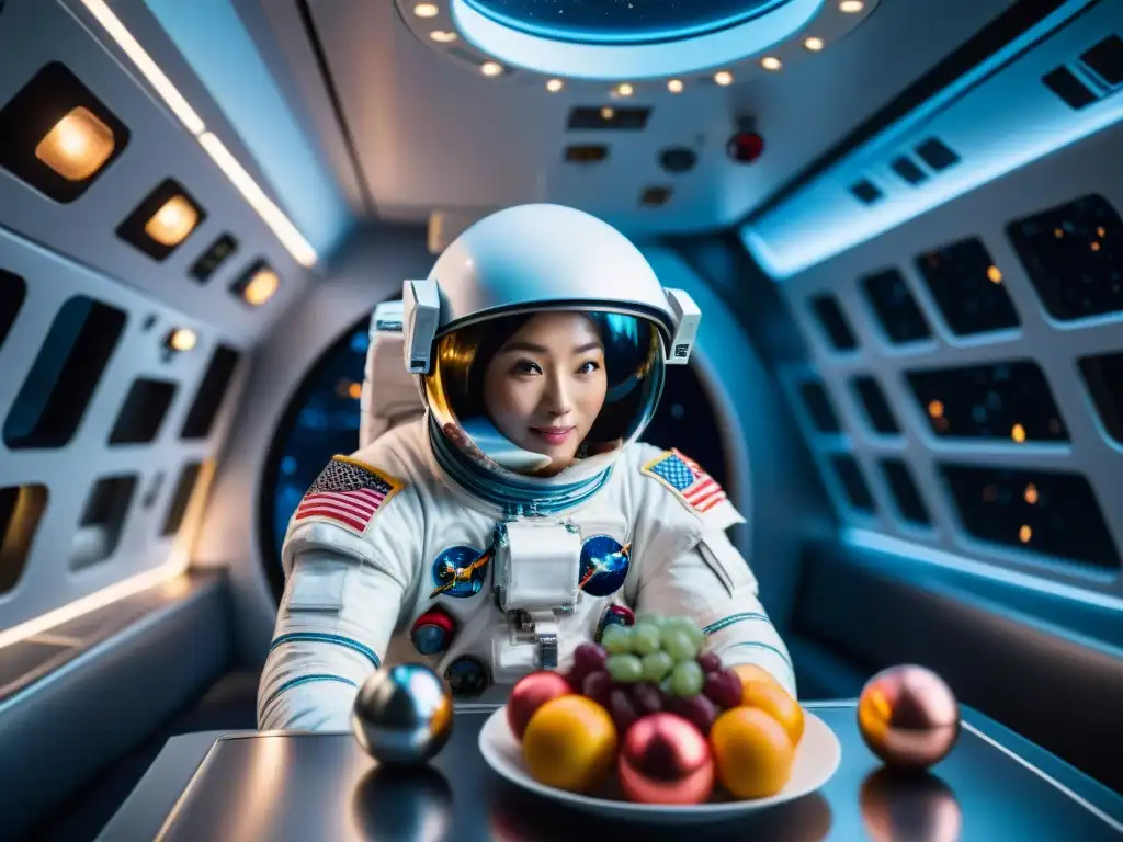 Astronauta flotando entre comida colorida en microgravedad