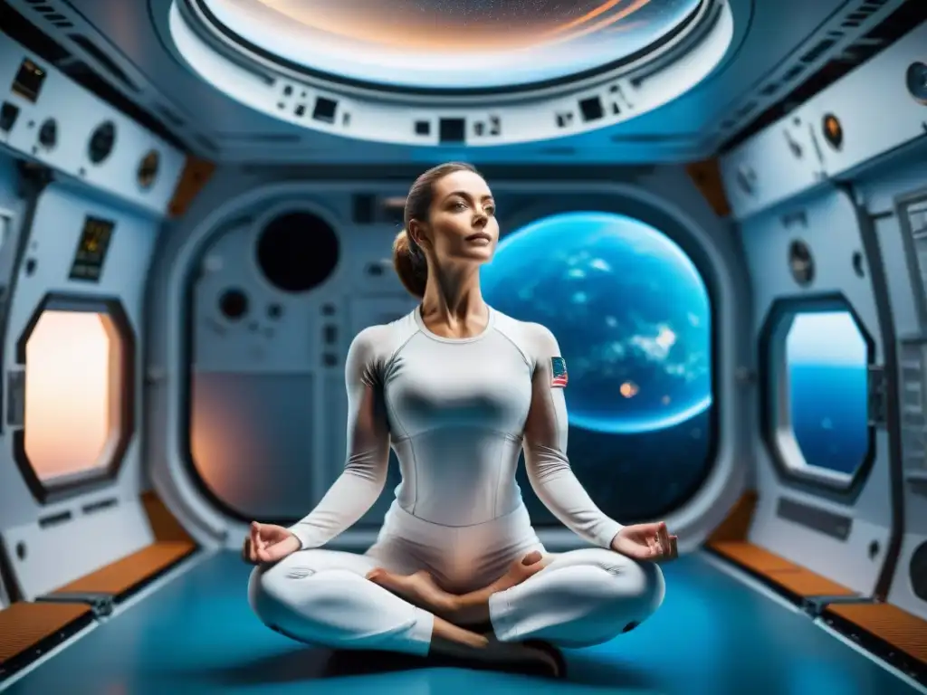 Un astronauta realiza un complejo ejercicio de yoga en la Estación Espacial Internacional, con la Tierra de fondo