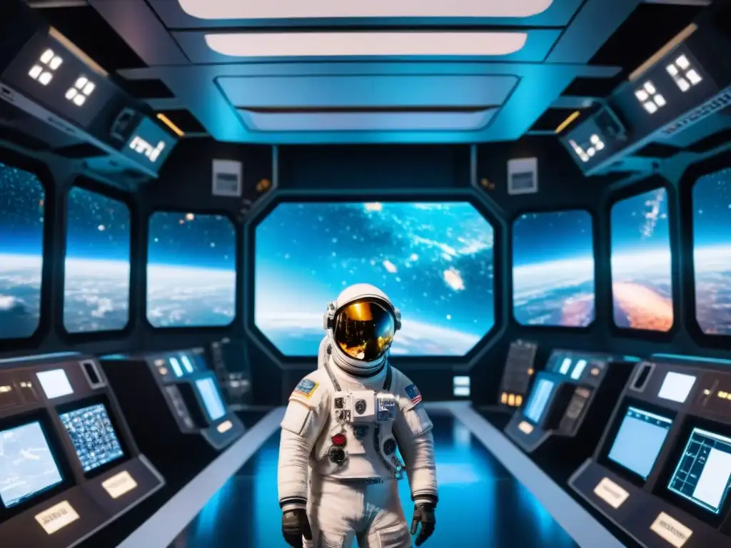 Un astronauta concentrado en entrenamiento astronautas realidad virtual dentro de la estación espacial, con la Tierra de fondo